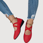 Women’s Rounded Toe Cross Strap Flats with Low Wedge Sole