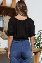 Women’s Short Sleeve Cropped Blouse with Front Button Placket and Drawstring Hem
