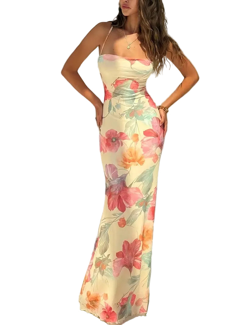 Women's Sleeveless Maxi Dress with Floral Print