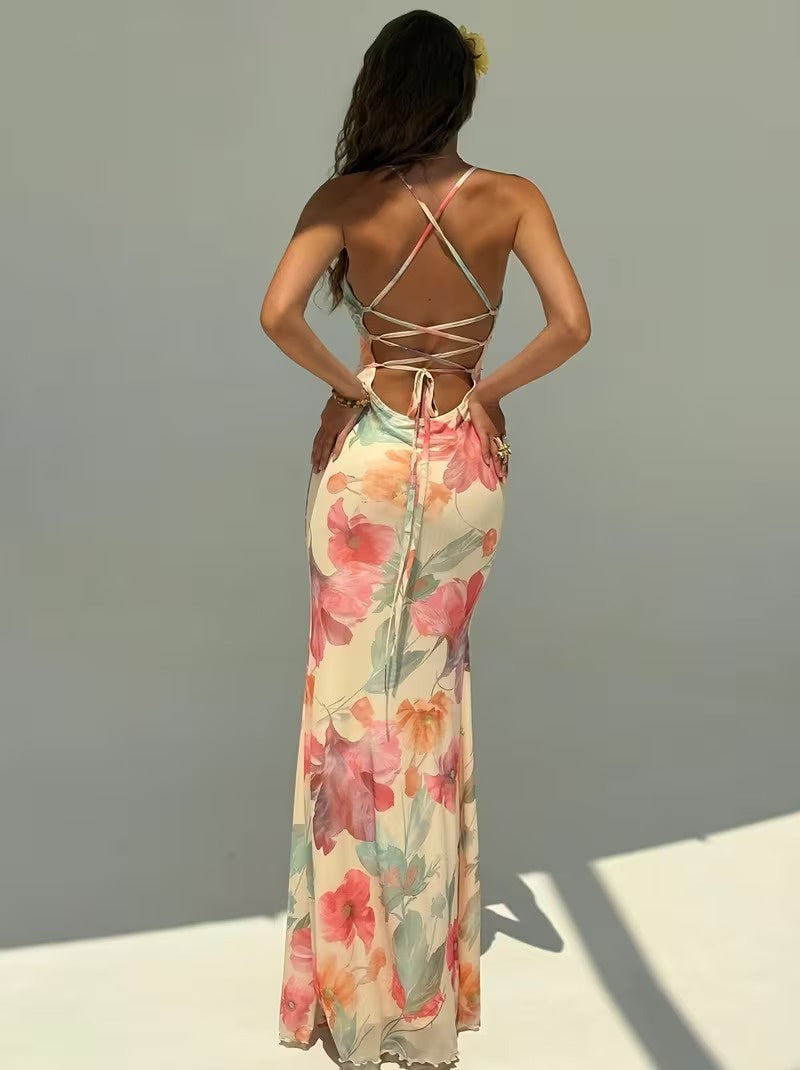 Women's Sleeveless Maxi Dress with Floral Print
