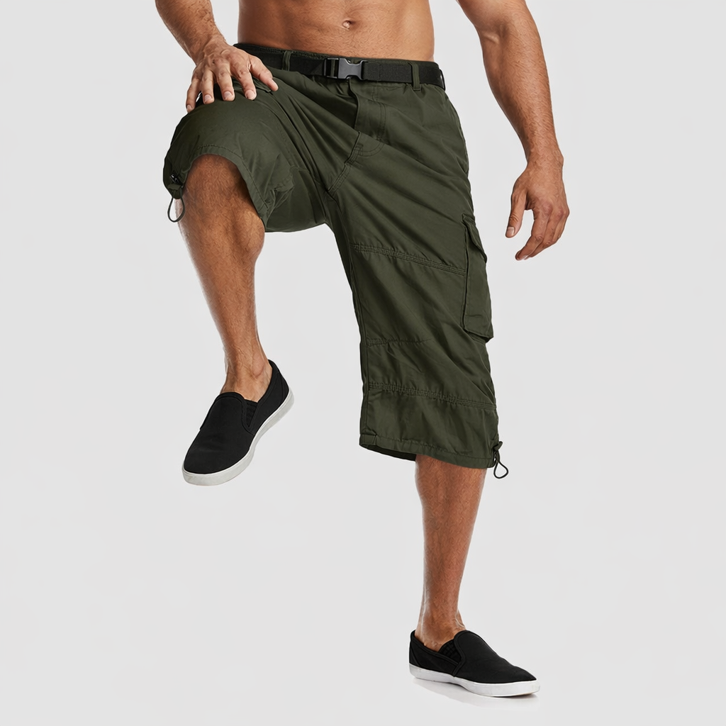 Men’s Knee-Length Cargo Shorts with Multiple Pockets and Adjustable Waist