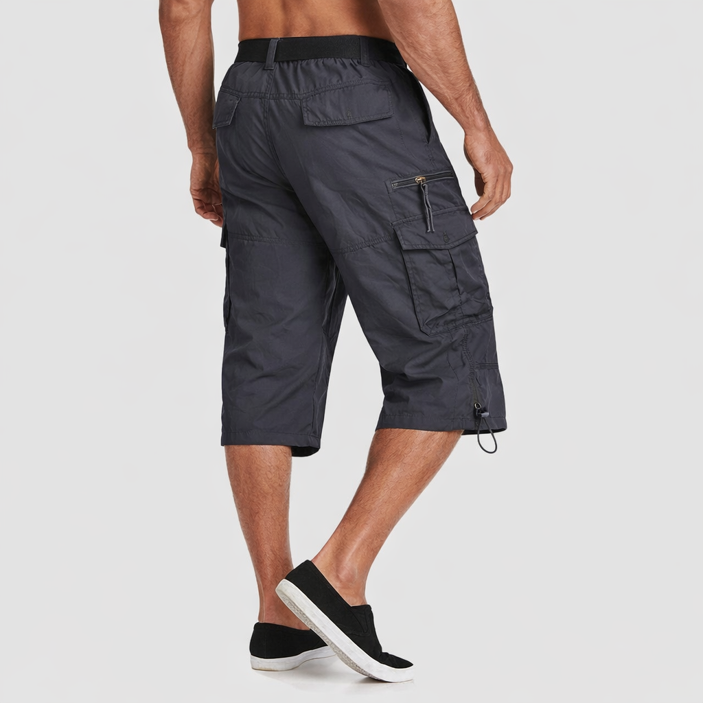 Men’s Knee-Length Cargo Shorts with Multiple Pockets and Adjustable Waist