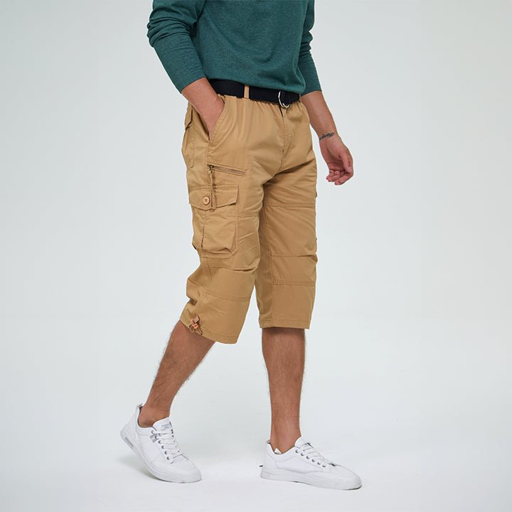 Men’s Knee-Length Cargo Shorts with Multiple Pockets and Adjustable Waist