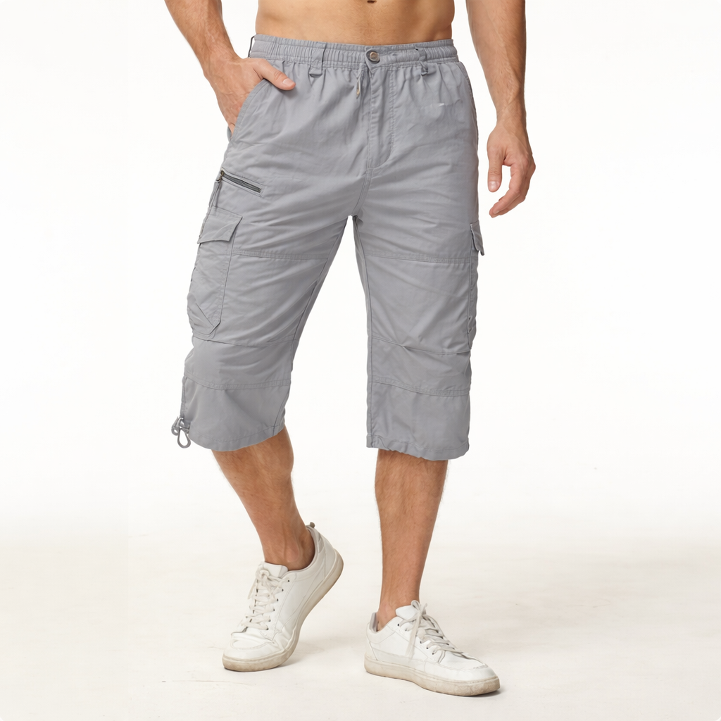 Men’s Knee-Length Cargo Shorts with Multiple Pockets and Adjustable Waist