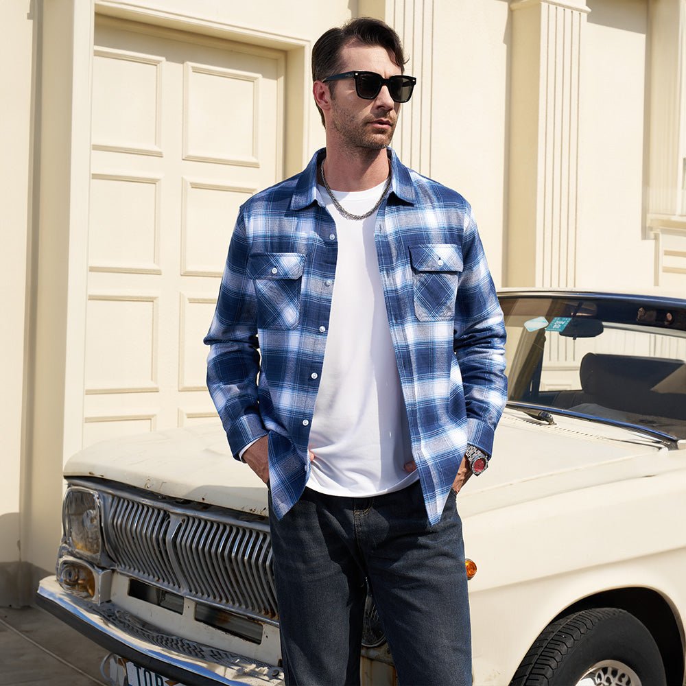 Men’s Long Sleeve Button-Down Plaid Shirt with Chest Pockets