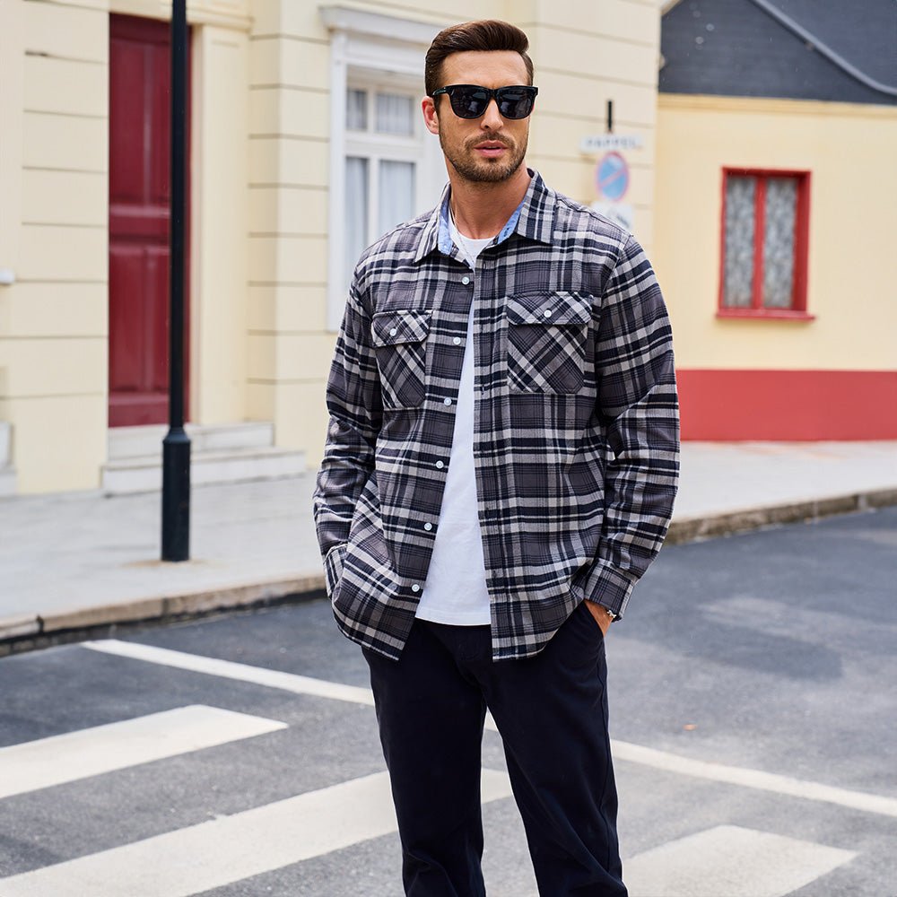 Men’s Long Sleeve Button-Down Plaid Shirt with Chest Pockets