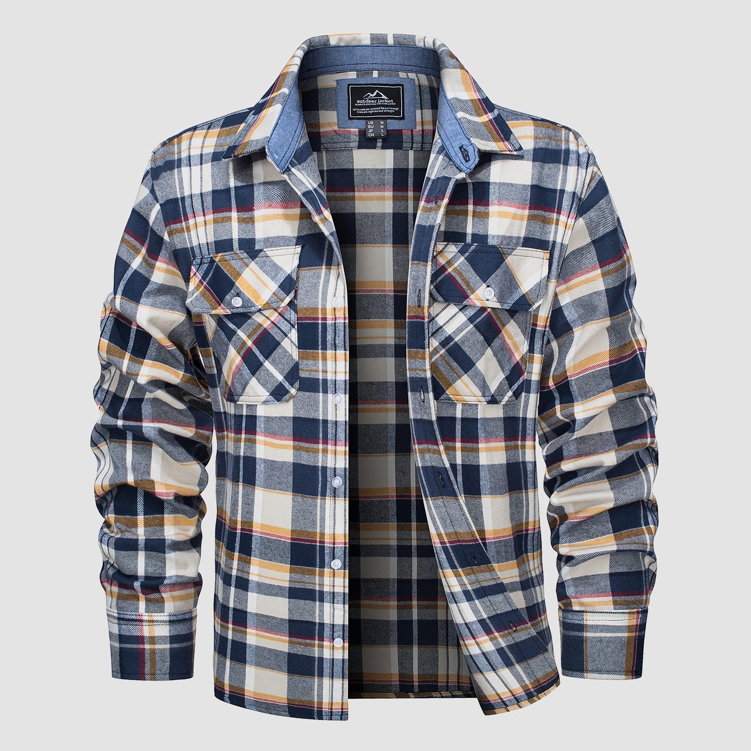 Men’s Long Sleeve Button-Down Plaid Shirt with Chest Pockets