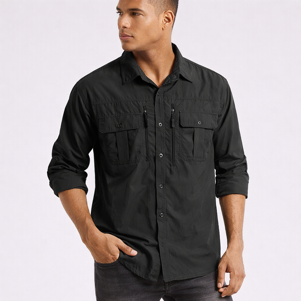 Men’s Long Sleeve Button-Down Shirt with Multiple Chest Pockets