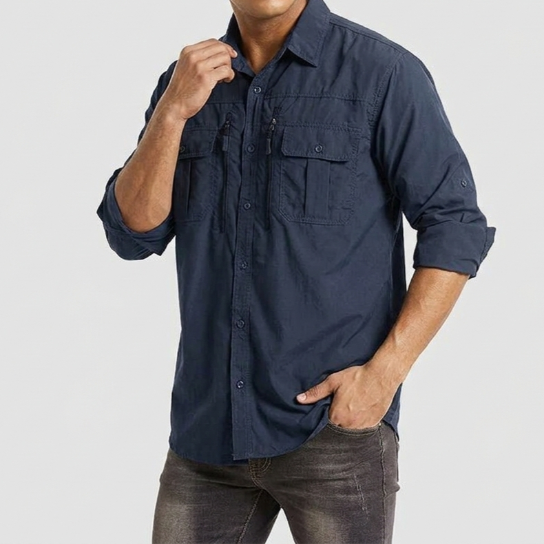 Men’s Long Sleeve Button-Down Shirt with Multiple Chest Pockets