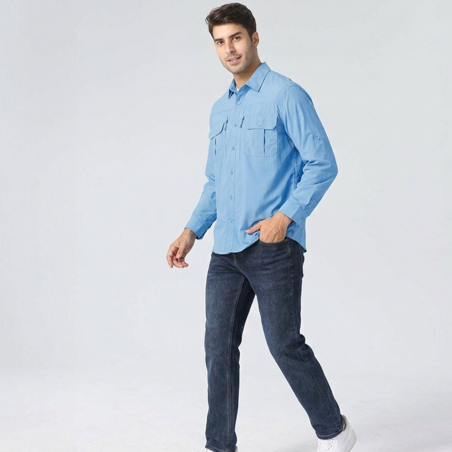 Men’s Long Sleeve Button-Down Shirt with Multiple Chest Pockets