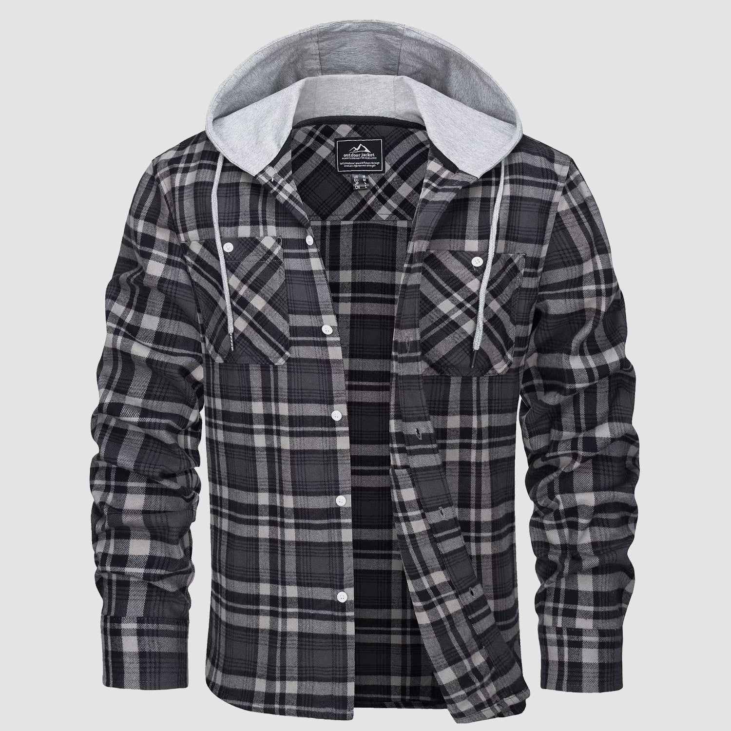 Men’s Long Sleeve Plaid Button-Down Jacket with Hood