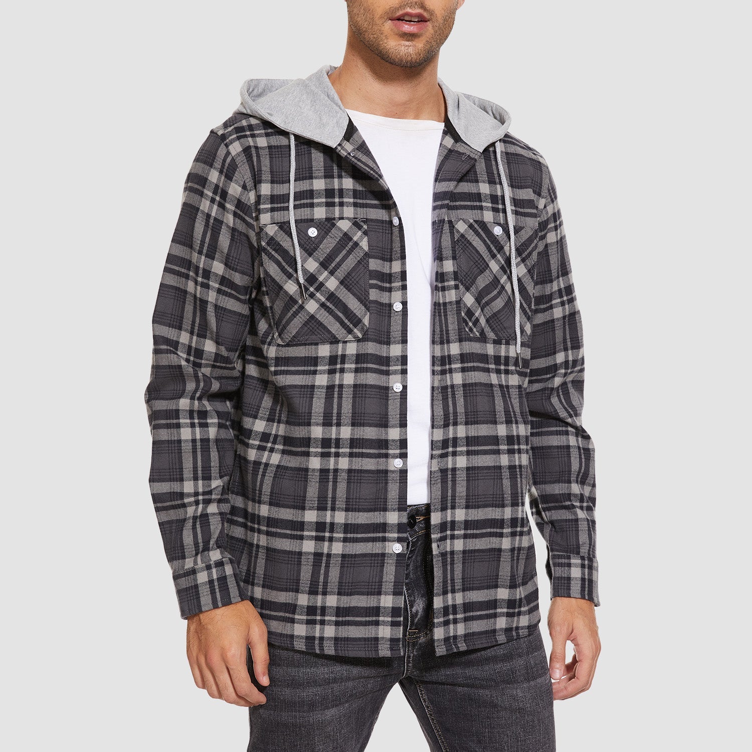 Men’s Long Sleeve Plaid Button-Down Jacket with Hood
