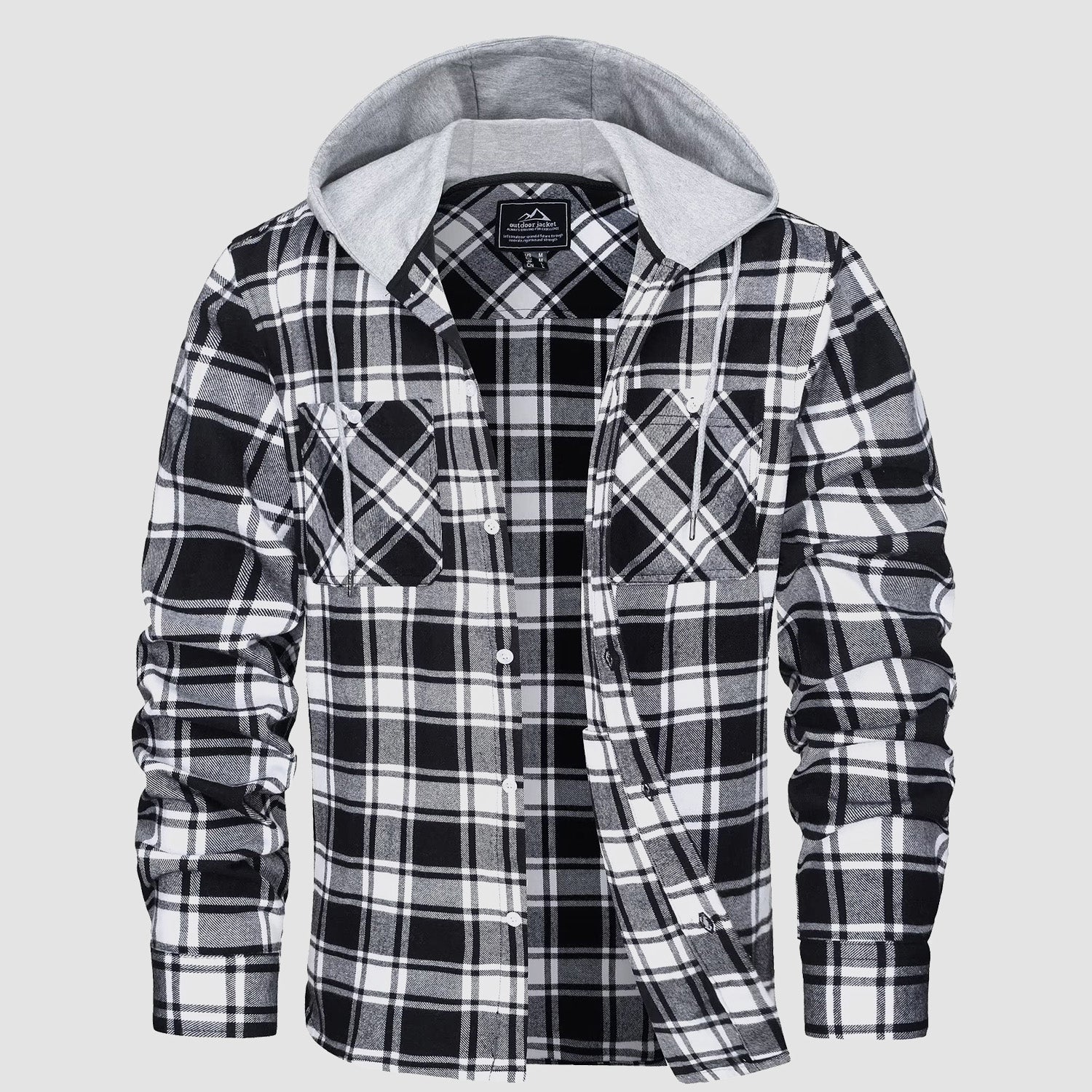 Men’s Long Sleeve Plaid Button-Down Jacket with Hood