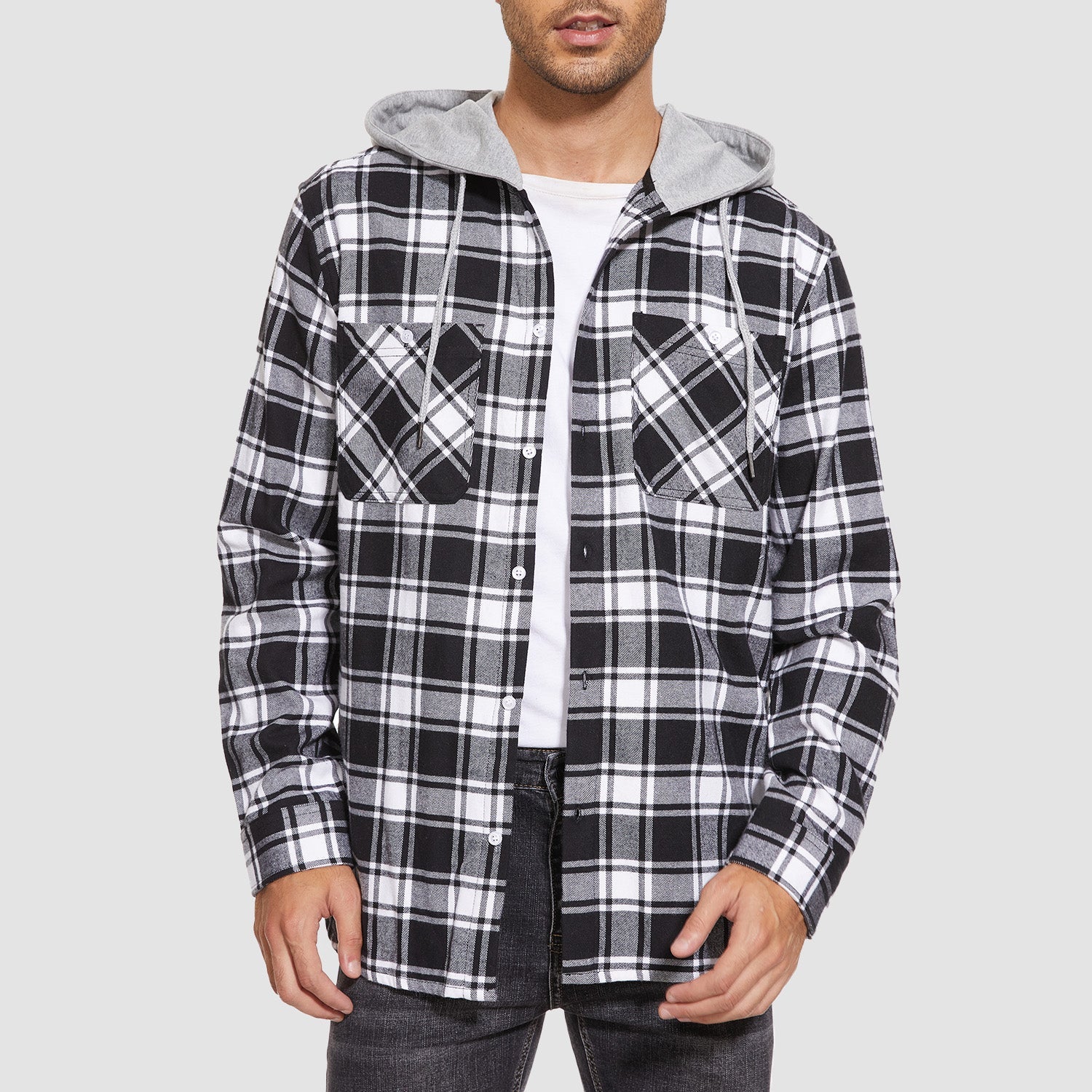 Men’s Long Sleeve Plaid Button-Down Jacket with Hood