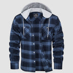Men’s Long Sleeve Plaid Button-Down Jacket with Hood