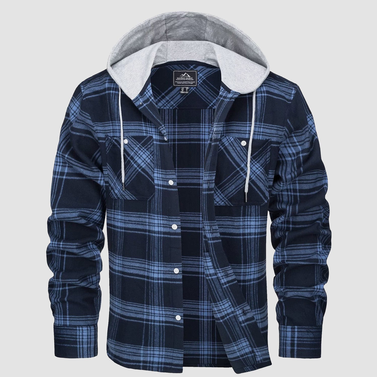 Men’s Long Sleeve Plaid Button-Down Jacket with Hood