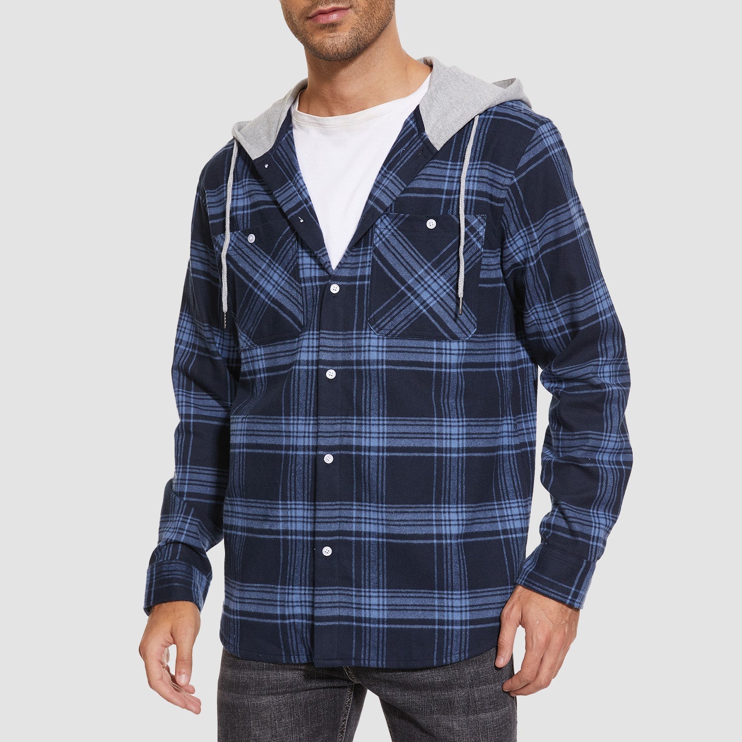 Men’s Long Sleeve Plaid Button-Down Jacket with Hood