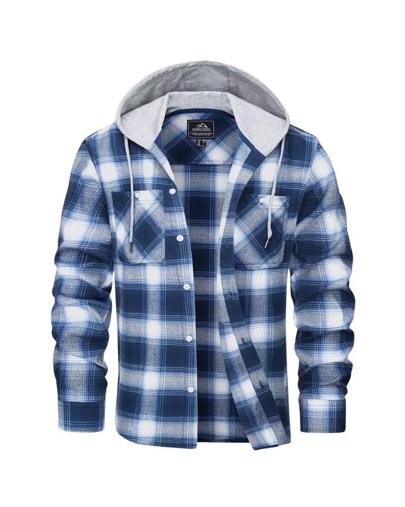 Men’s Long Sleeve Plaid Button-Down Jacket with Hood