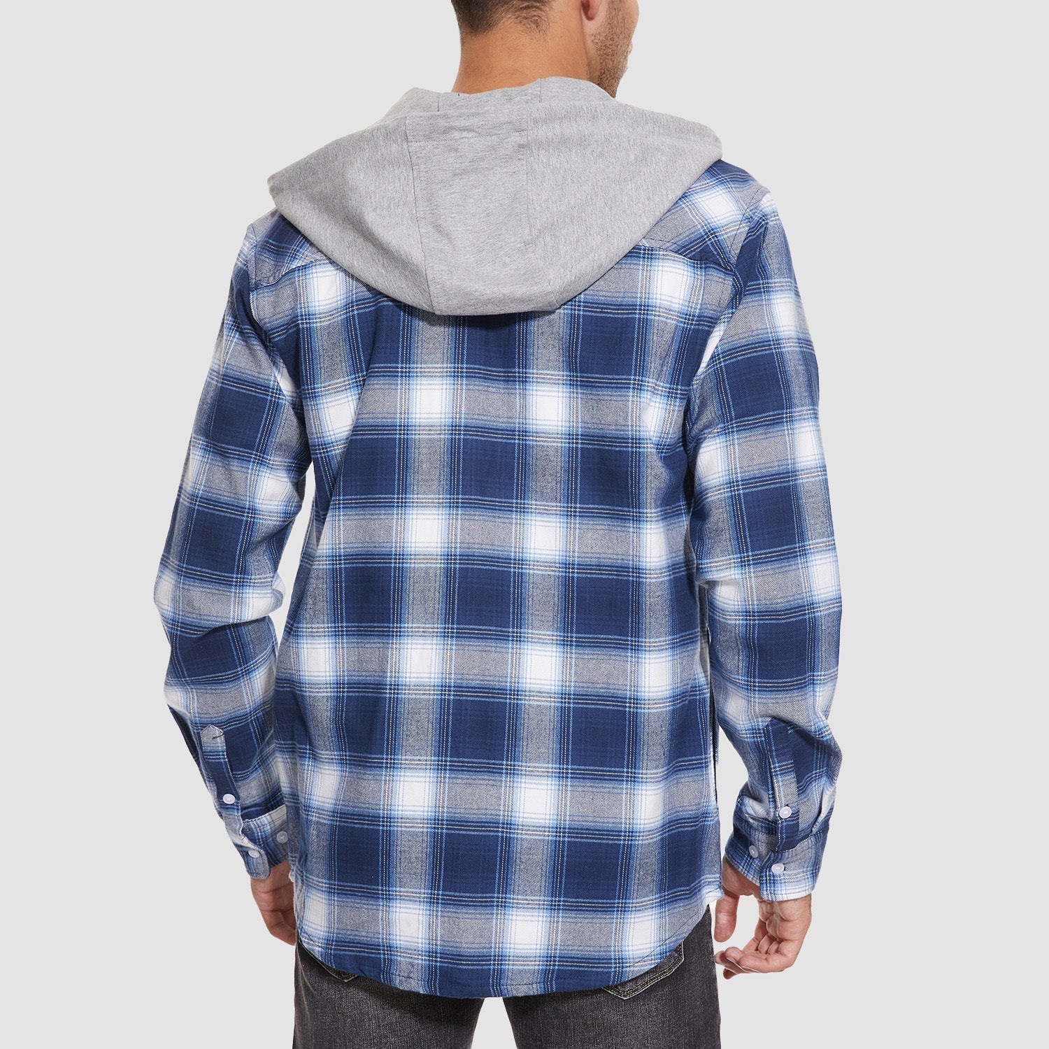 Men’s Long Sleeve Plaid Button-Down Jacket with Hood