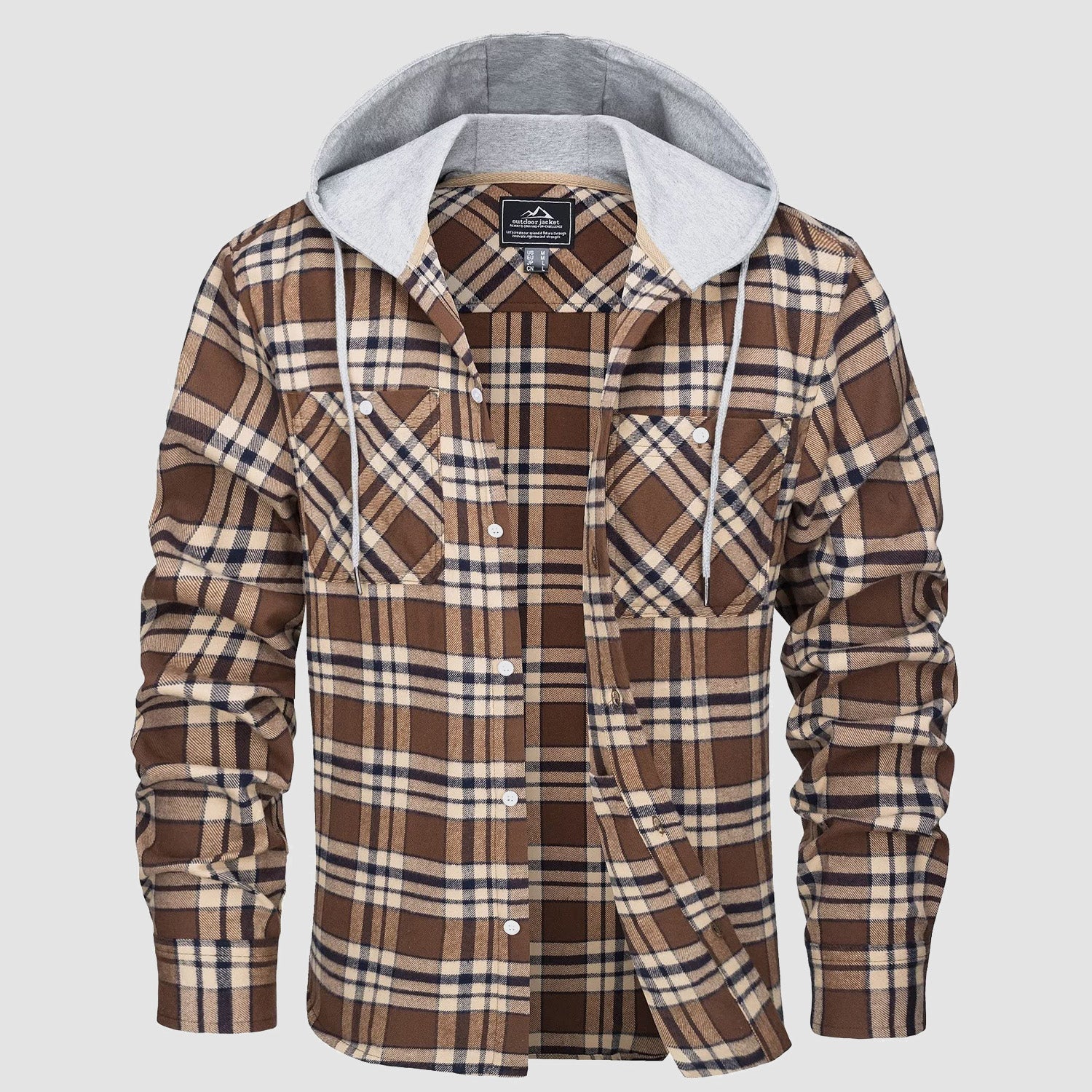 Men’s Long Sleeve Plaid Button-Down Jacket with Hood