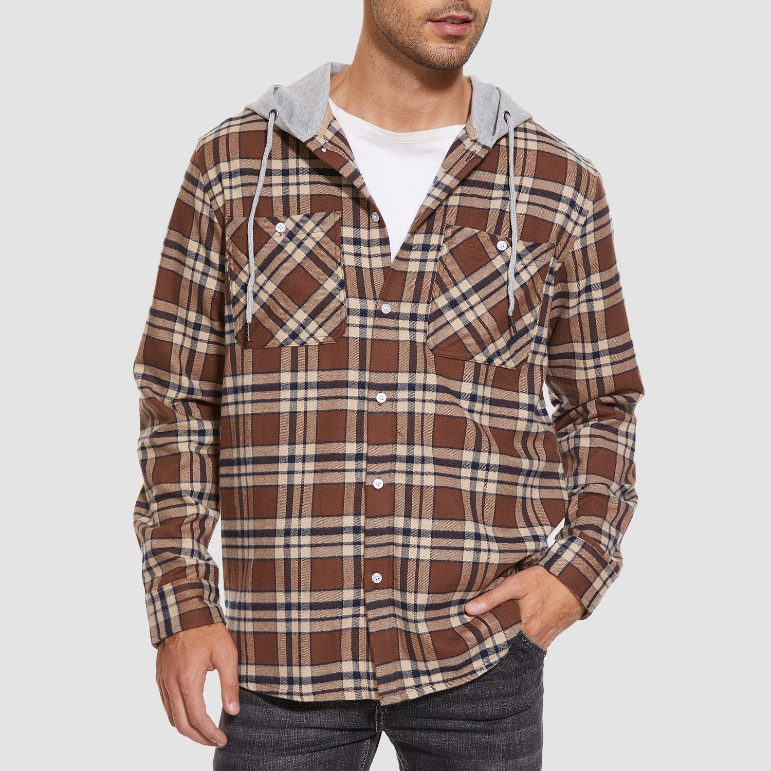 Men’s Long Sleeve Plaid Button-Down Jacket with Hood