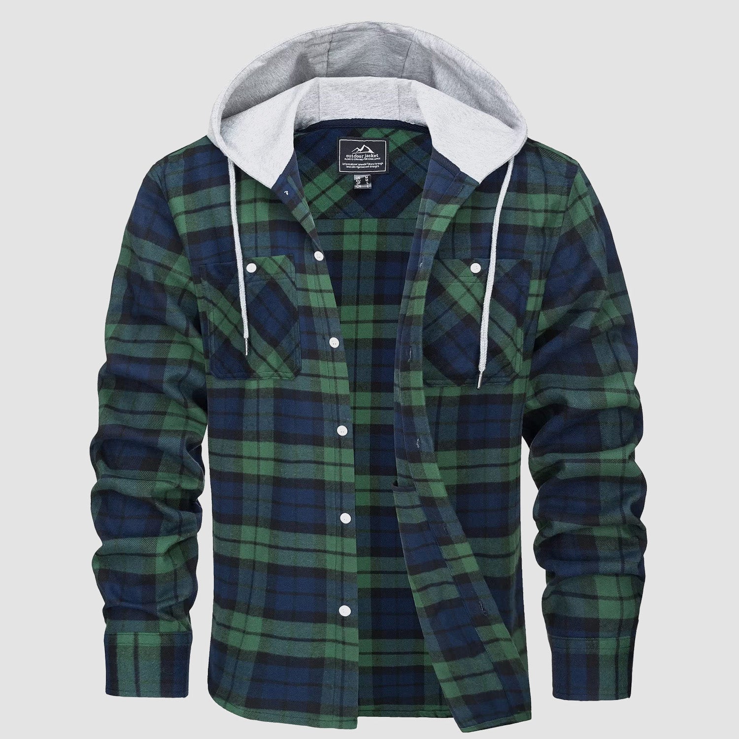 Men’s Long Sleeve Plaid Button-Down Jacket with Hood