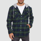 Men’s Long Sleeve Plaid Button-Down Jacket with Hood
