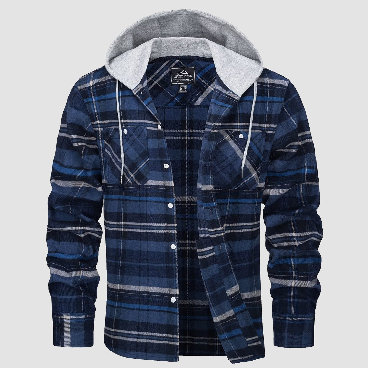 Men’s Long Sleeve Plaid Button-Down Jacket with Hood