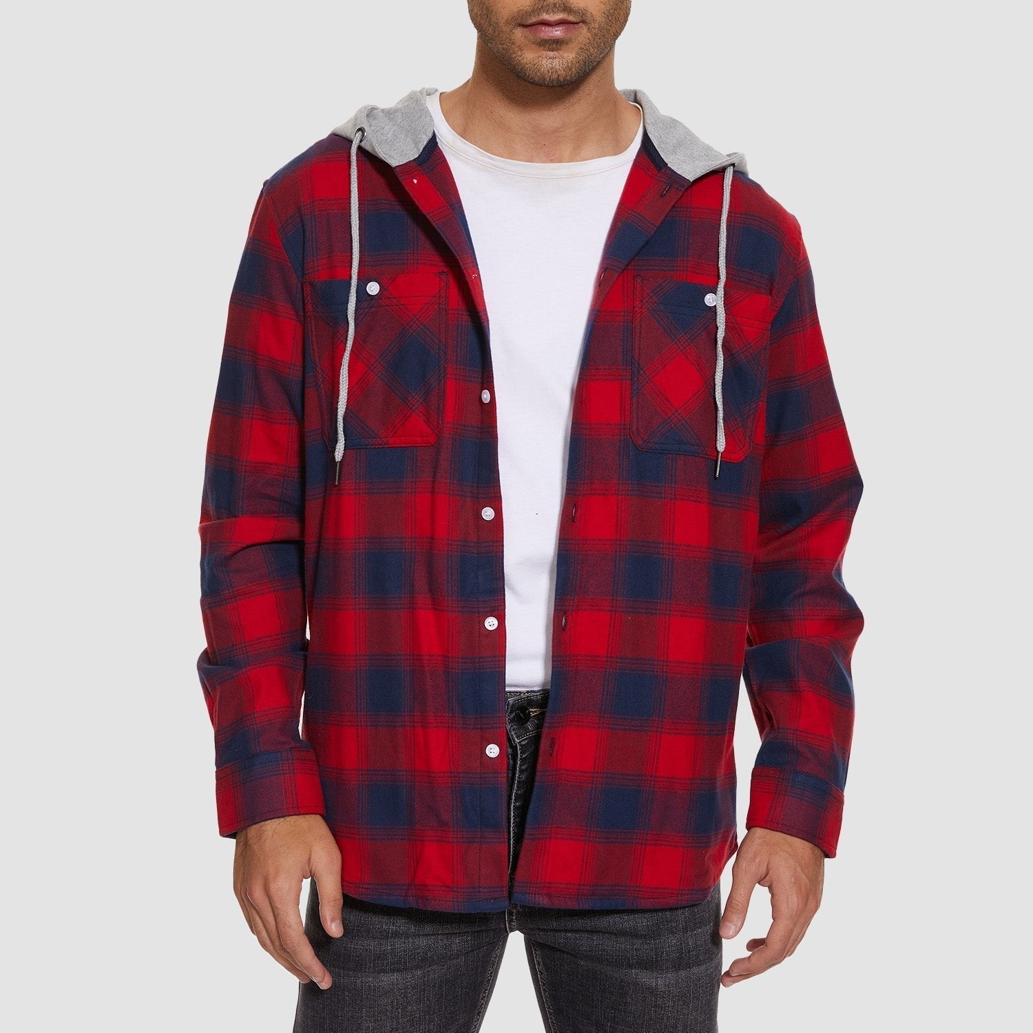 Men’s Long Sleeve Plaid Button-Down Jacket with Hood