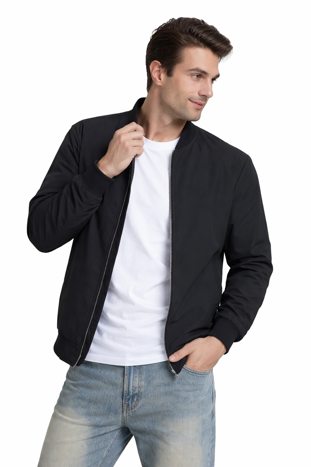 Men’s Zip-Front Bomber Jacket with Ribbed Trim