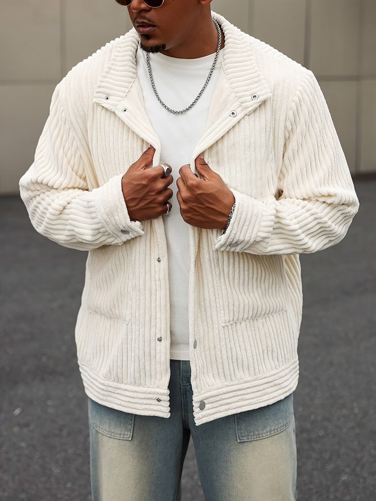 Men's Snap-Front Jacket with a Ribbed Texture