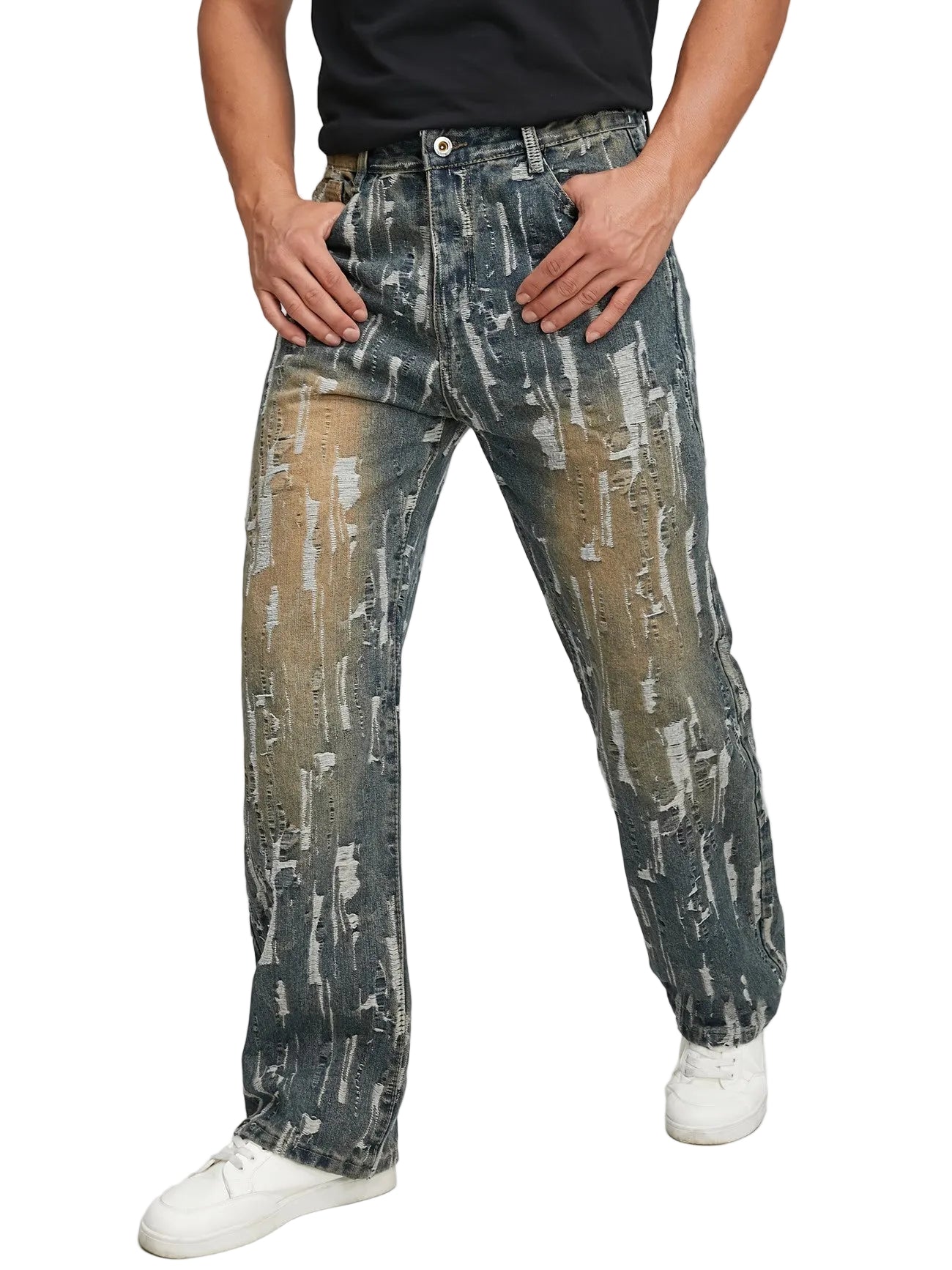 Men's Straight-Leg Pants with Frayed Patches