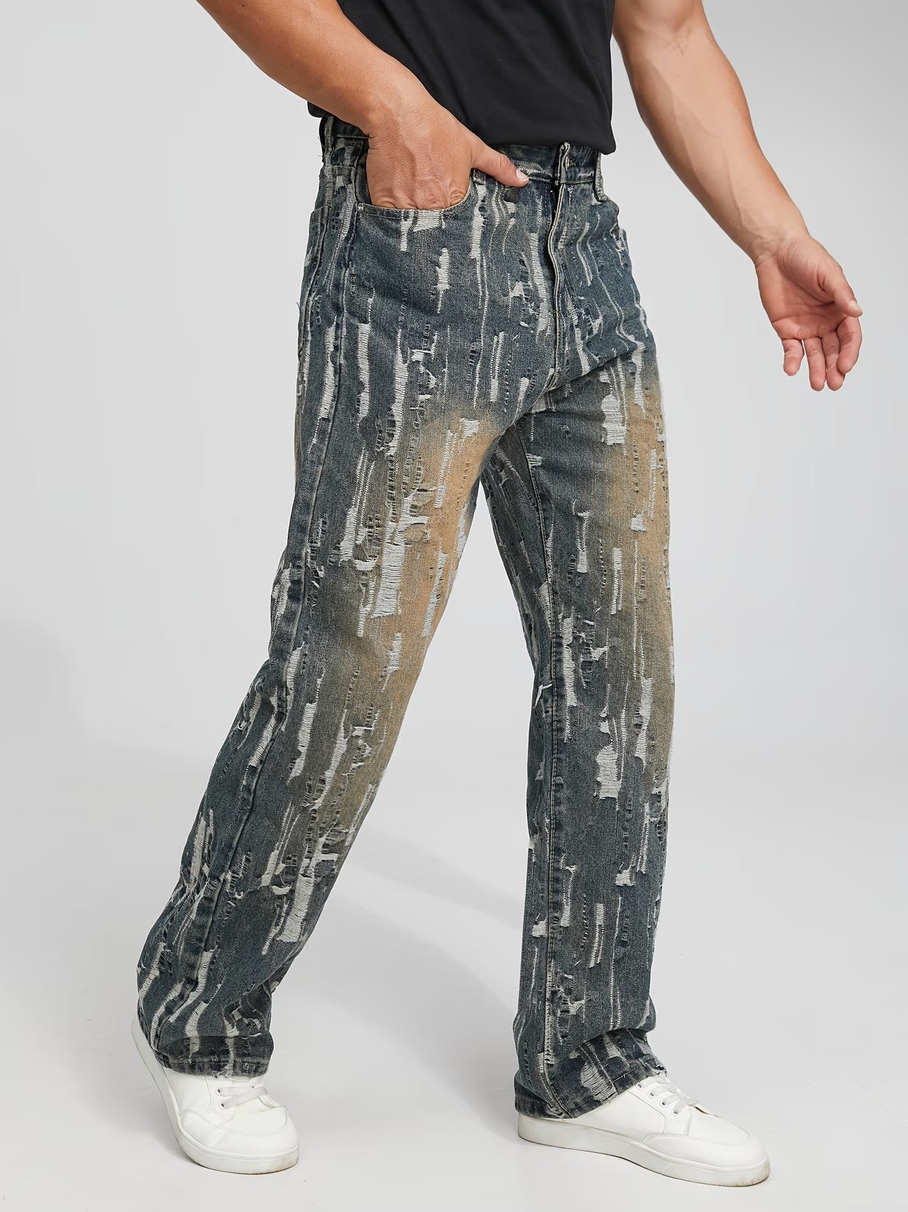 Men's Straight-Leg Pants with Frayed Patches