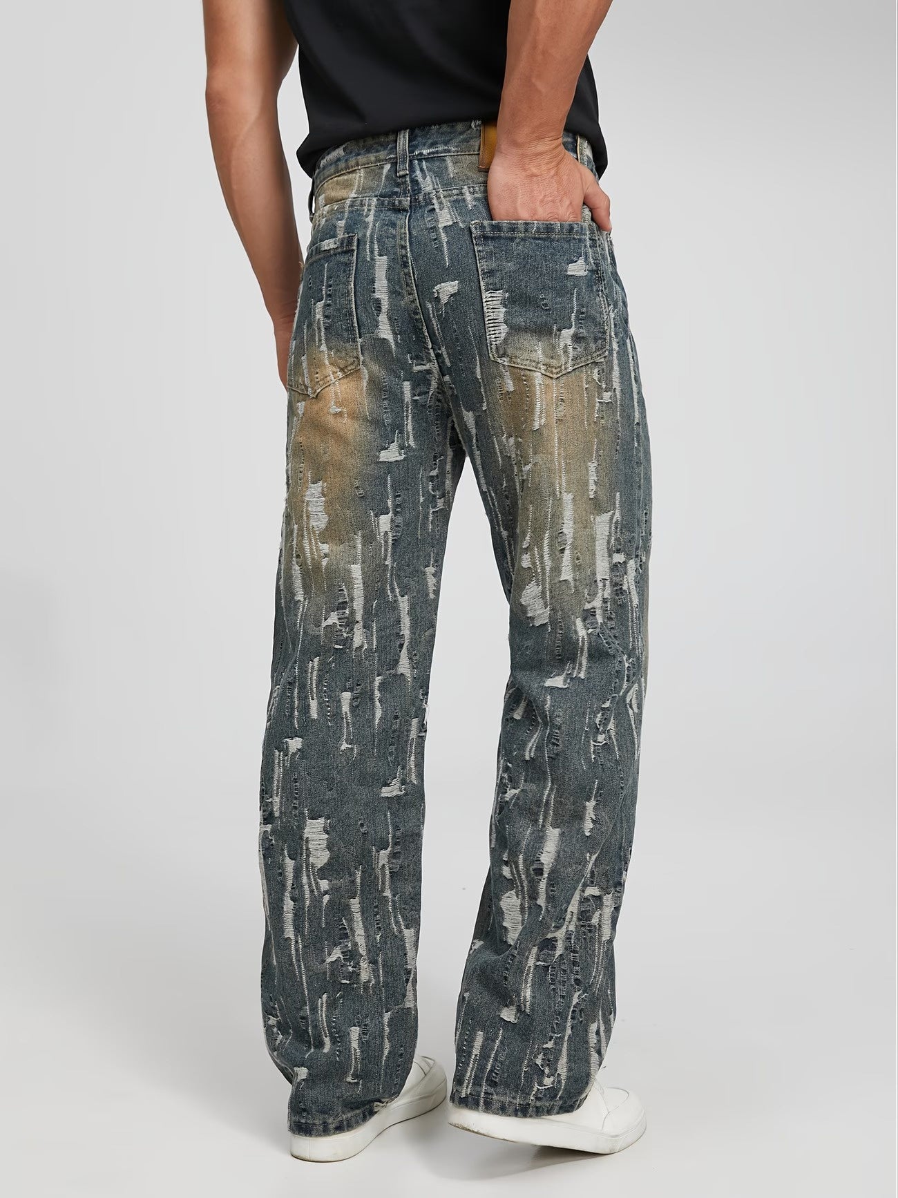 Men's Straight-Leg Pants with Frayed Patches