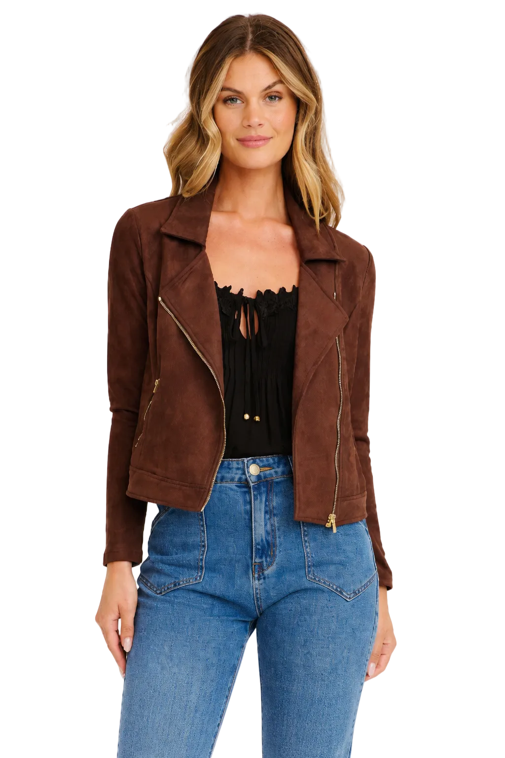 Women's Cropped Asymmetric Zip Moto Jacket with Suede Look
