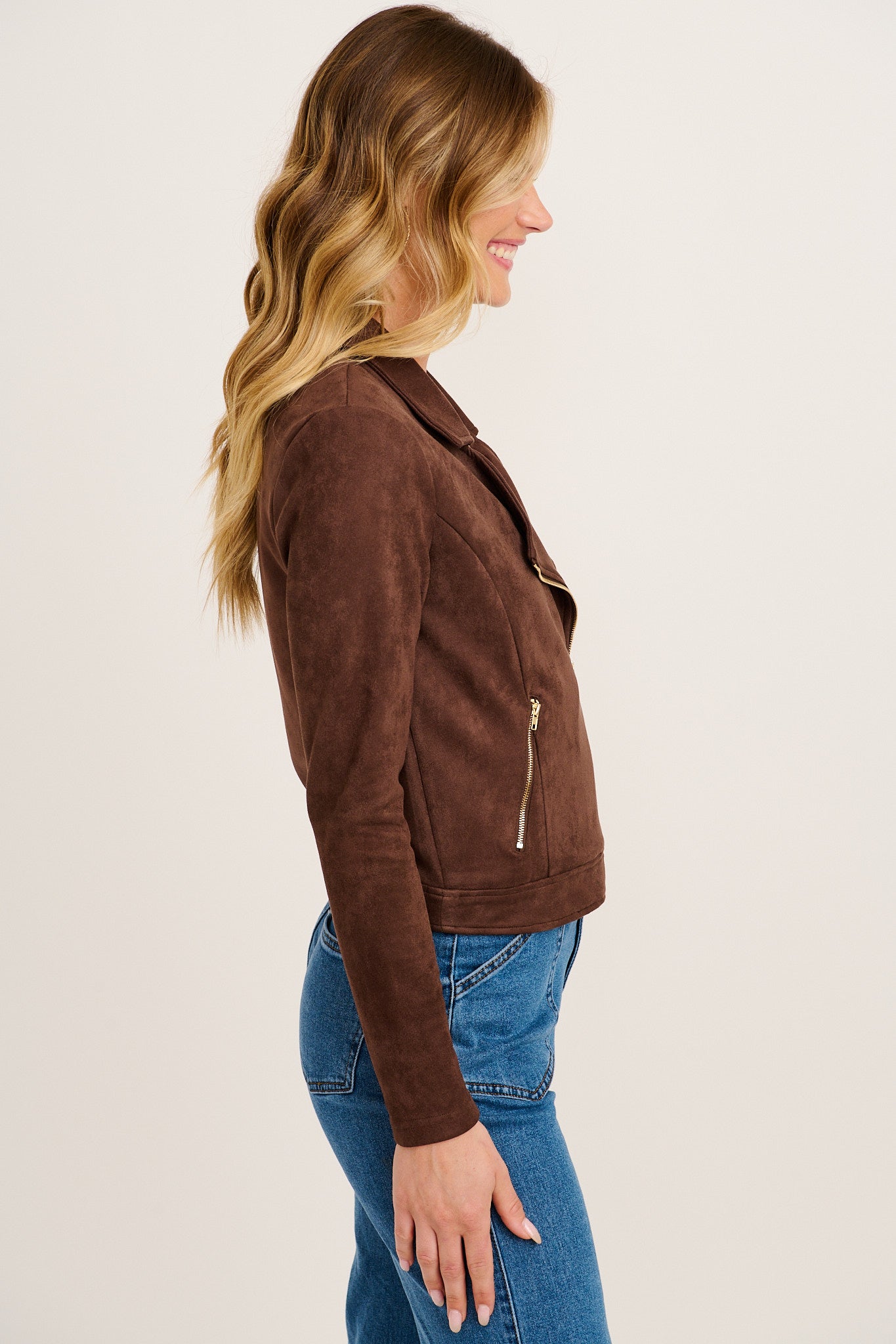 Women's Cropped Asymmetric Zip Moto Jacket with Suede Look