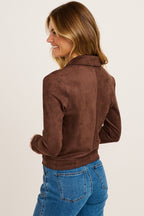 Women's Cropped Asymmetric Zip Moto Jacket with Suede Look