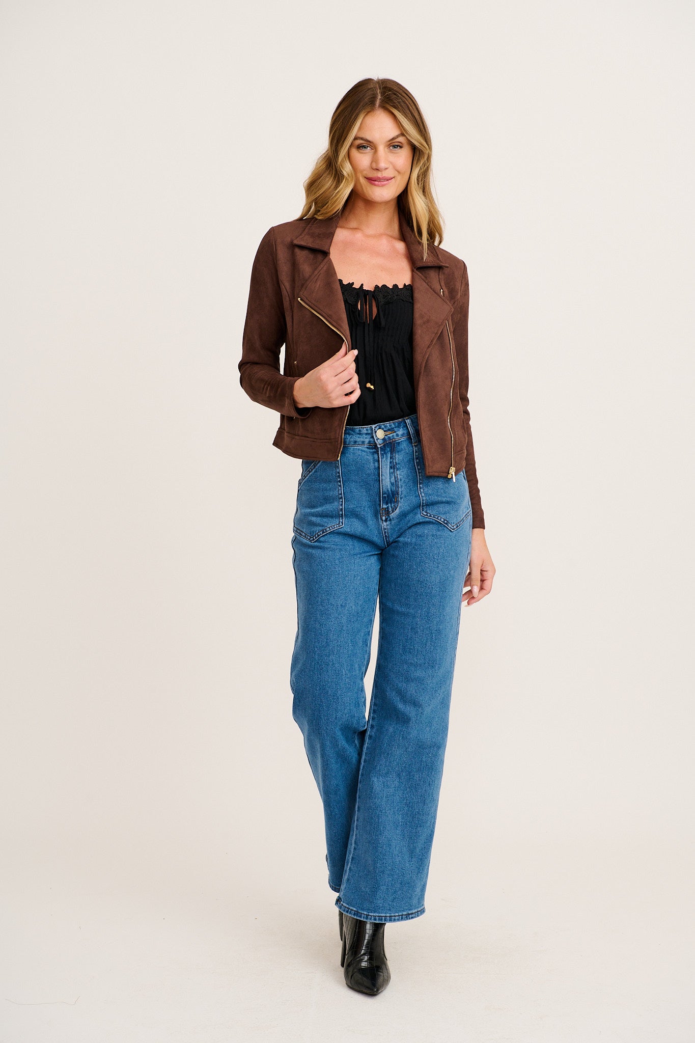Women's Cropped Asymmetric Zip Moto Jacket with Suede Look