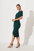 Women’s Asymmetrical Draped Bodice Angled Wrap Hem Midi Dress
