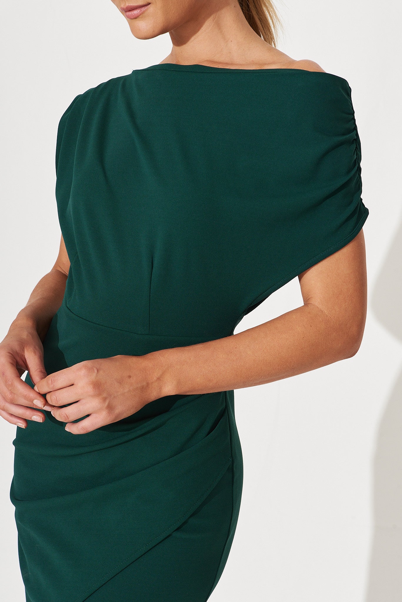 Women’s Asymmetrical Draped Bodice Angled Wrap Hem Midi Dress