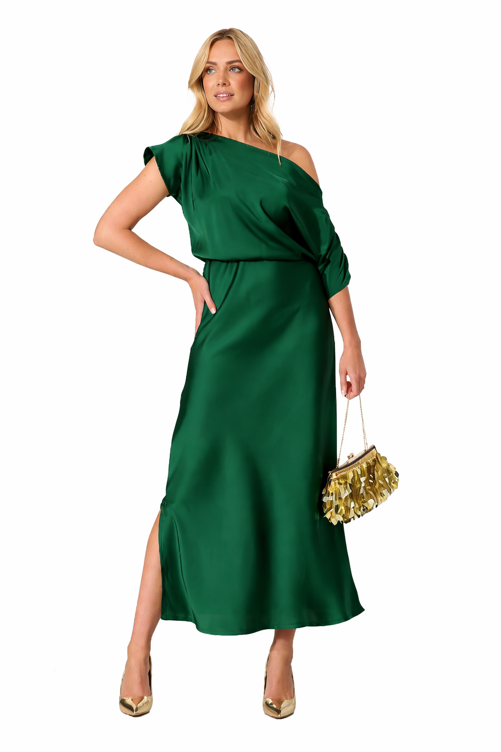 Women’s Asymmetrical Sleeve Side Split Midi Dress