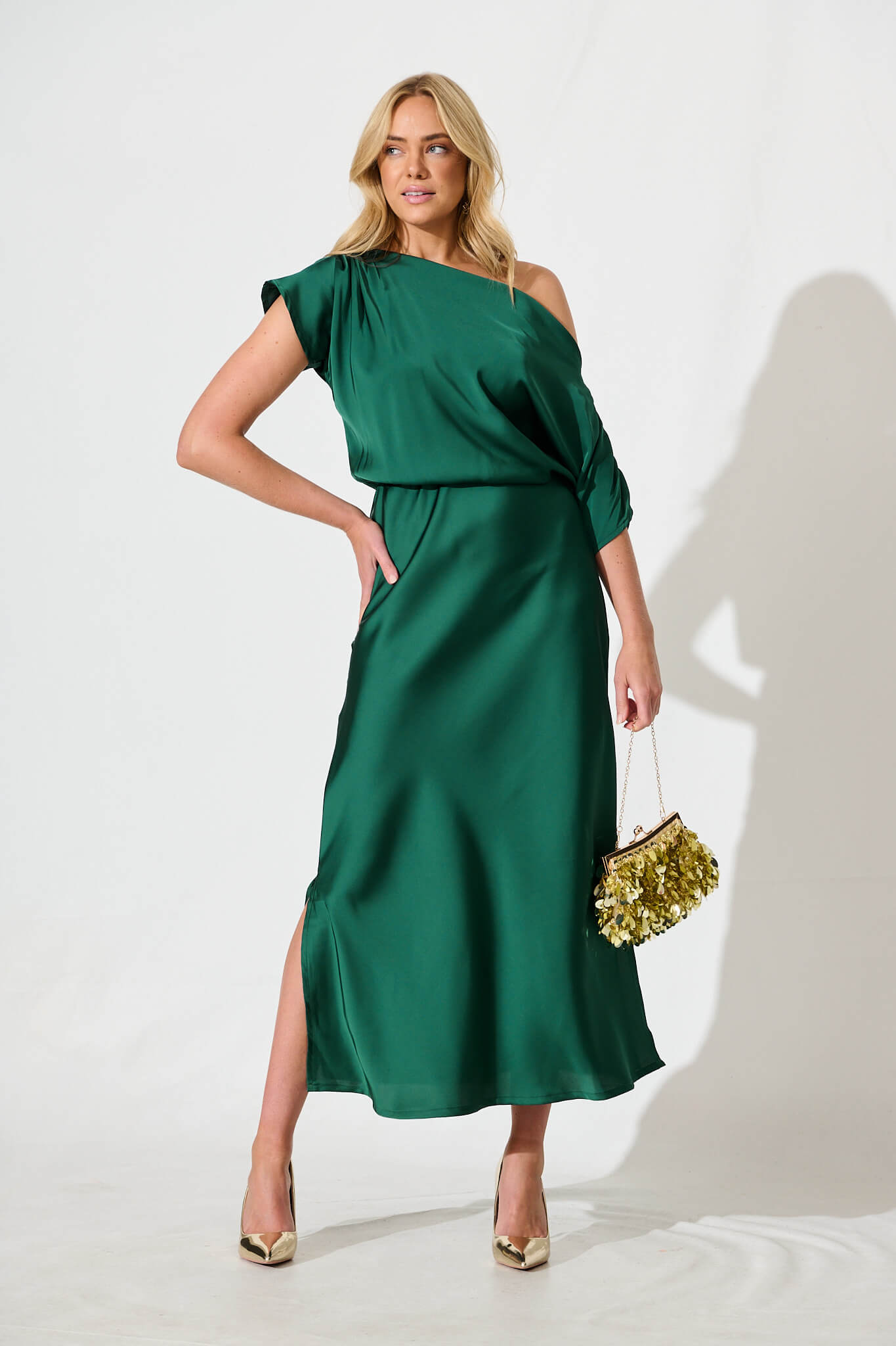 Women’s Asymmetrical Sleeve Side Split Midi Dress