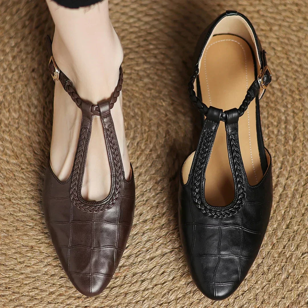 Women’s Pointed Toe T-Bar Strap Shoes with Braided Trim