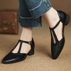 Women’s Pointed Toe T-Bar Strap Shoes with Braided Trim