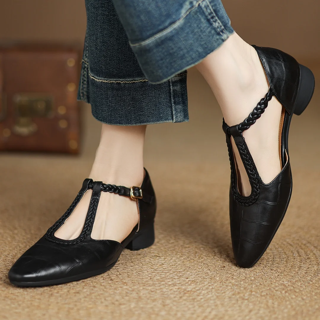 Women’s Pointed Toe T-Bar Strap Shoes with Braided Trim