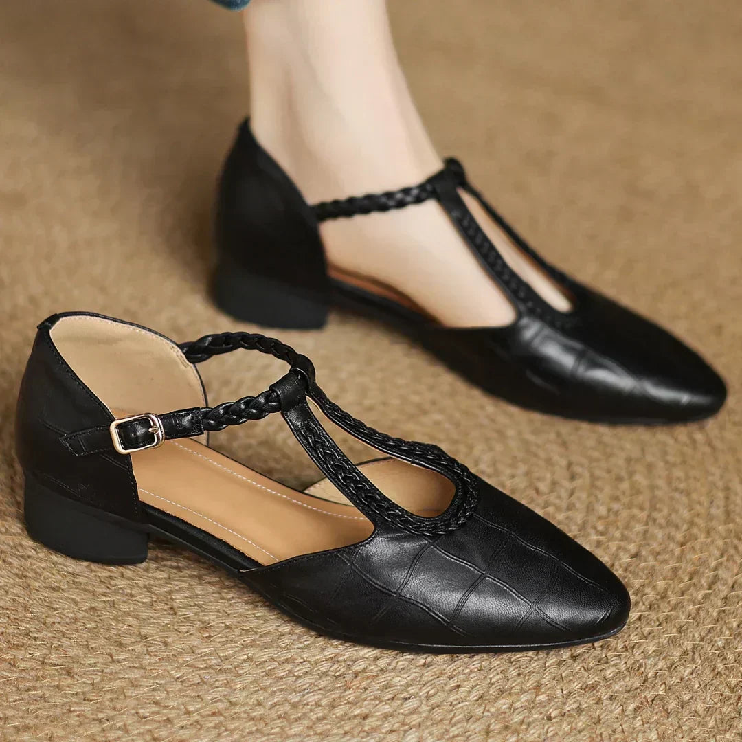 Women’s Pointed Toe T-Bar Strap Shoes with Braided Trim