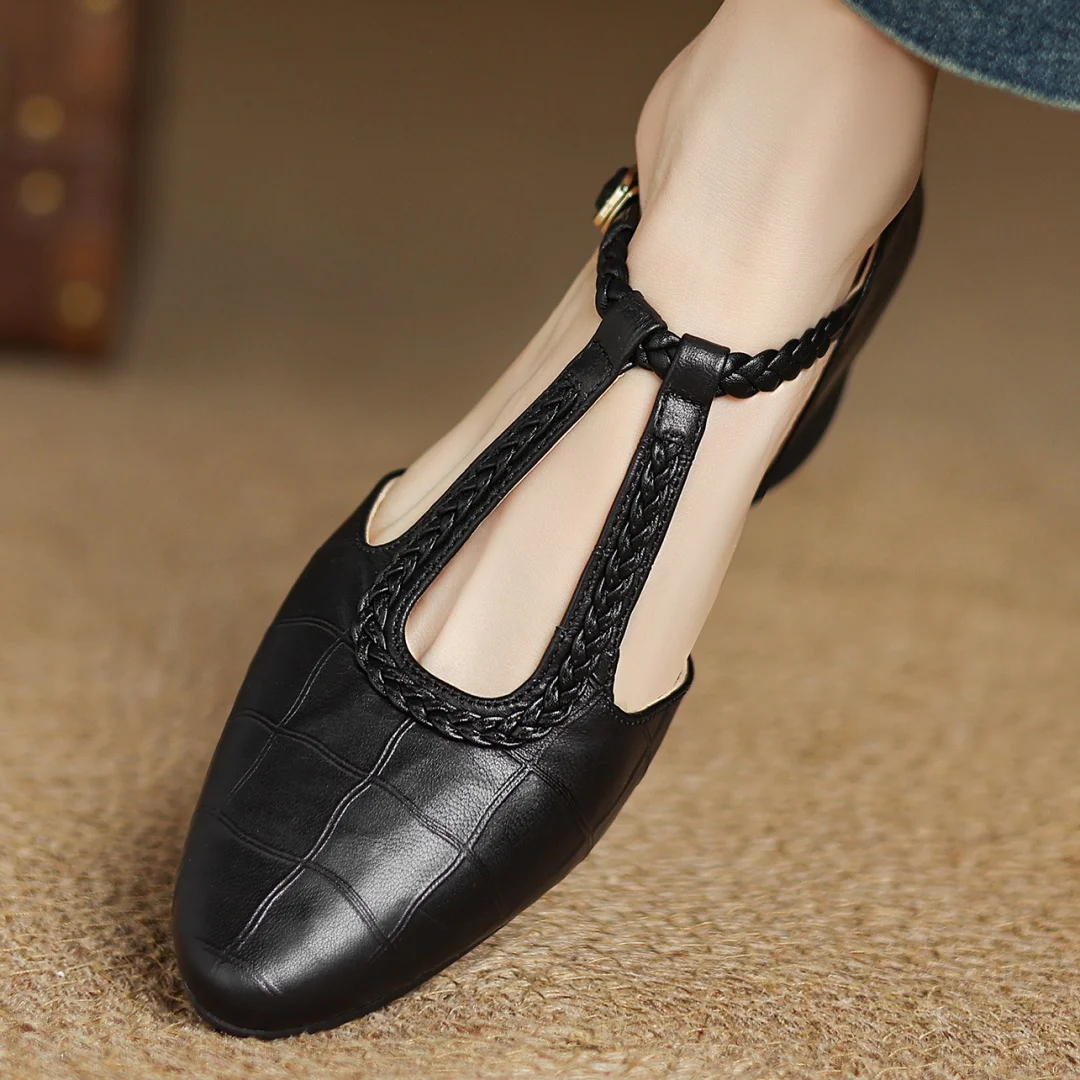 Women’s Pointed Toe T-Bar Strap Shoes with Braided Trim