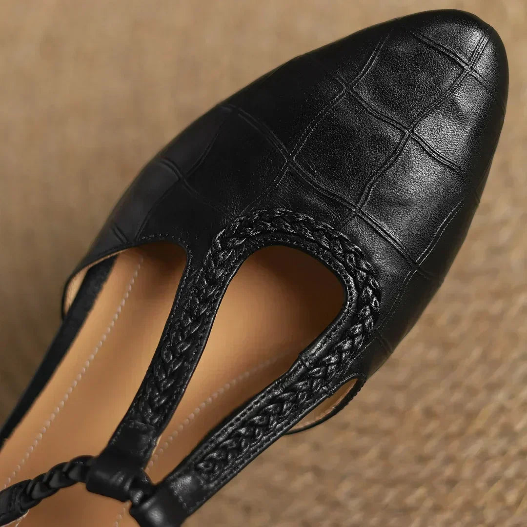 Women’s Pointed Toe T-Bar Strap Shoes with Braided Trim