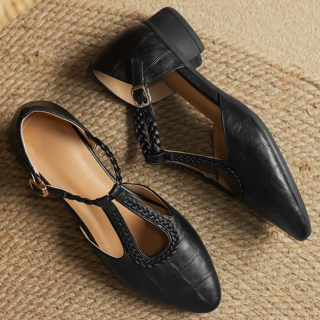 Women’s Pointed Toe T-Bar Strap Shoes with Braided Trim