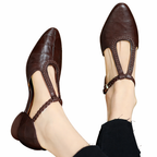 Women’s Pointed Toe T-Bar Strap Shoes with Braided Trim